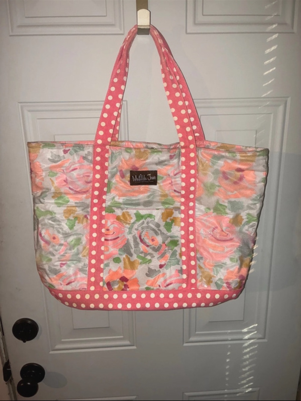 Matilda Jane Coral Pink Floral Tote with Polka-Dot Trim
